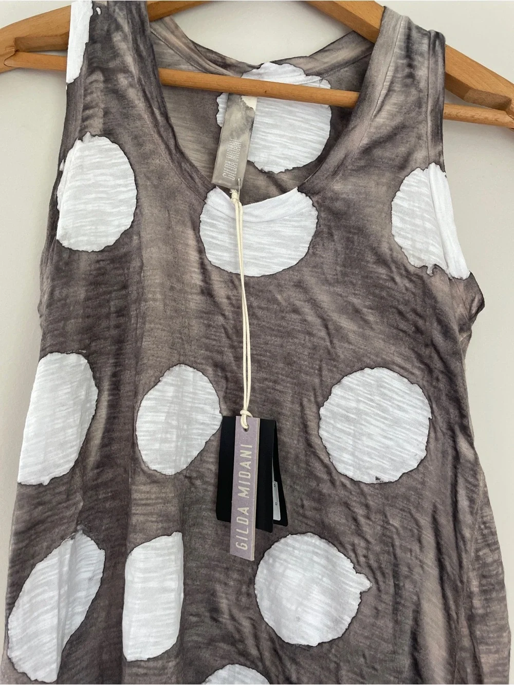 NWT Gilda Midani Cotton Polka Dot Tank Top Size XS Grey Tie Dye Distressed